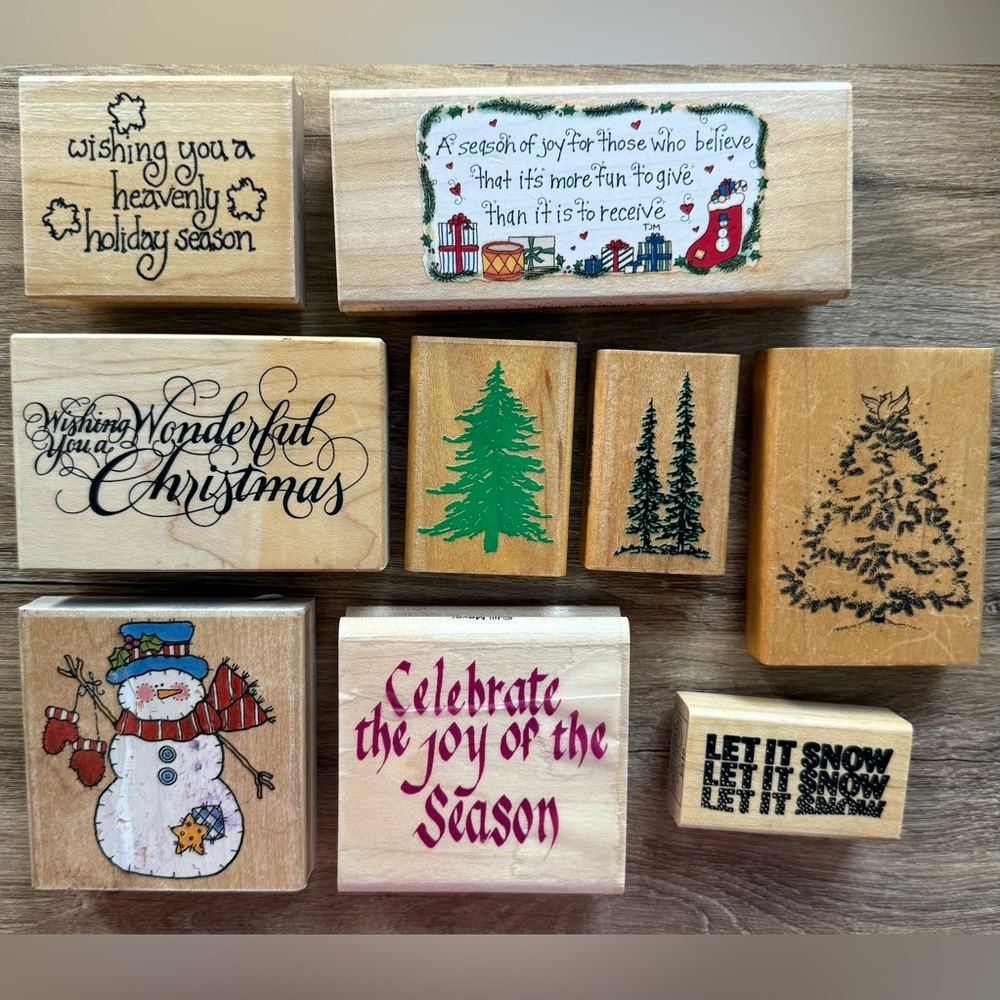 Vintage Lot of 9 Wooden Rubber Christmas Trees Snowmen Sayings Christian VGC